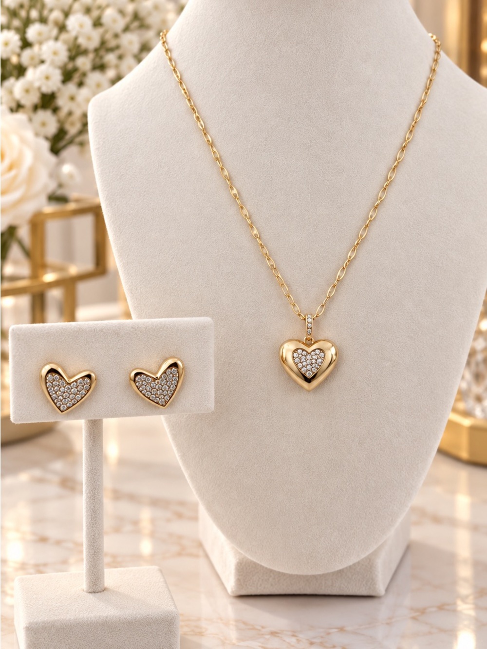 Gold Plated Heart Reliquary Pendant Necklace and Crystal Heart Stud Earrings Set
